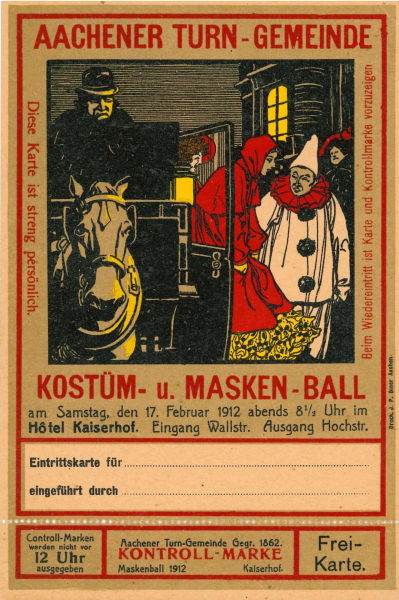 Eintrittskarte für Kostüm- und Maskenball der Aachener Turn-Gemeinde (ATG) am 17. Februar 1912 |  Copyright © Stadtarchiv Aachen.